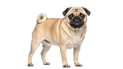 Fototapeta premium Adorable fawn pug dog isolated PNG, purebred canine companion with curly tail and wrinkled face for pet lovers and design projects