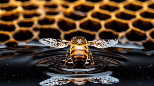 A honey bee stands on a reflective surface with a honeycomb background. Golden stripes and delicate wings are beautifully captured in macro detail.