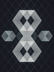 A futuristic background featuring a symmetrical infinity symbol composed of white lines against a dark grid. This minimalist, high-tech design is ideal for topics related to technology. 3d rendering