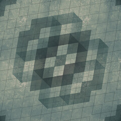 An abstract vintage background with a complex, symmetrical ornament. A geometric shape resembling a Celtic knot on a textured background with a grid. Ideal for posters and covers. 3d rendering