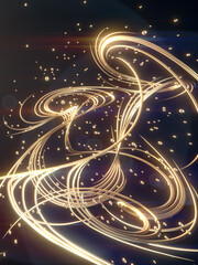 A luxurious, festive background featuring a swirling array of golden, glowing lines and sparkling spheres. This dynamic 3D abstraction creates an atmosphere of celebration for the New Year or awards
