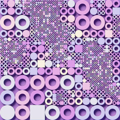 Structured pattern of voluminous colored circles and squares reminiscent of architectural relief. The algorithmic precision of the elements gives the image a technological character. 3d rendering