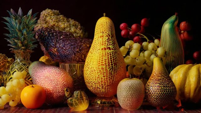 A Stunning Arrangement of Exquisite, Colorful Fruits Showcased in a Lush Still Life Display, Featuring Unique Shapes, Textures, and Vibrant Colors to Delight the Senses