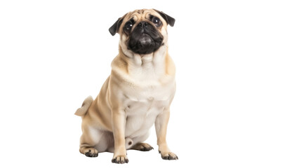 Obraz premium Adorable fawn pug dog sitting isolated PNG, purebred canine companion with wrinkled face and expressive eyes on transparent background
