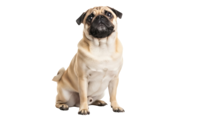 Adorable fawn pug dog sitting isolated PNG, purebred canine companion with wrinkled face and expressive eyes on transparent background