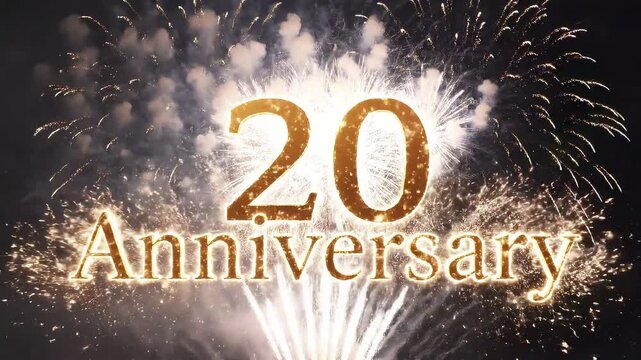 20th Anniversary Golden Sparkler Text with Shimmering Fireworks Background