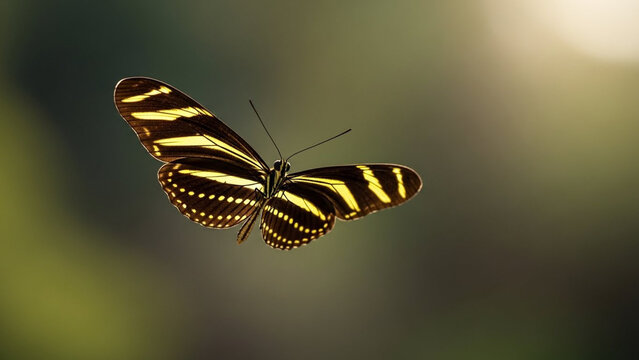 A Beautiful Zebra Butterfly in Flight with Blurred Green Background.