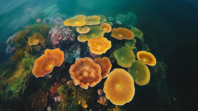 Vibrant mushroom corals thrive on a colorful underwater reef. Orange and green marine life creates a stunning ocean view.