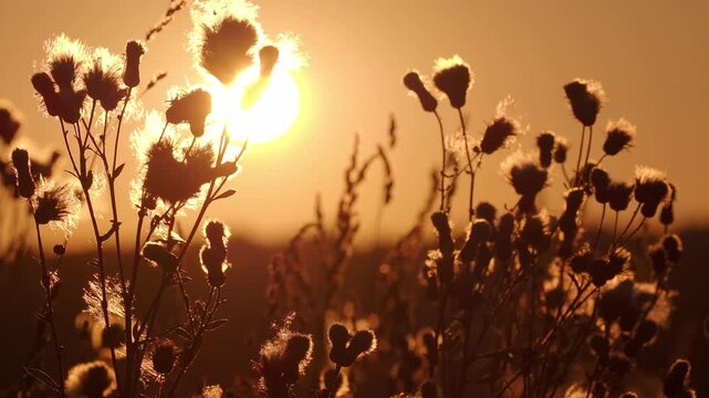 Panoramic view Fluffy wildflowers field beautiful nature sunset landscape glowing under warm summer sun rays. Annoying, flickering flies. Areas agricultural plant. Summer season and farming on rural.