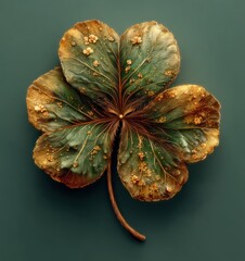 Golden four leaf clover with intricate details and glowing textures on green background fantasy botanical artwork Generative AI