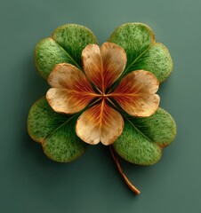 Golden and green eight leaf clover with textured veins and symmetrical floral design on green background abstract plant Generative AI