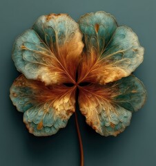Intricate golden and teal four leaf clover with ornate feather-like textures on dark green background abstract fantasy plant Generative AI