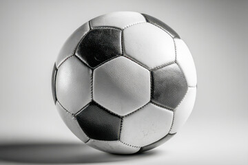 Naklejka premium Classic black and white patterned ball used for team sports displayed on a plain background emphasizing its stitched panels and textured surface