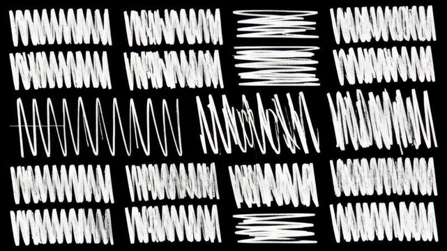Collection of abstract scribble texture designs in white on a black backdrop, showcasing dynamic line patterns and irregular shapes.
