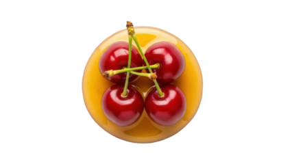 Four red cherries in yellow jelly isolated PNG on transparent background, sweet fruit dessert for food design and summer themes