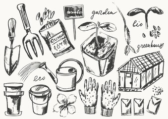 Hand drawn gardening set. Garden tools, shovel, fork, gloves, seed packs, pots, watering can, seedlings. Spring set for farming background.