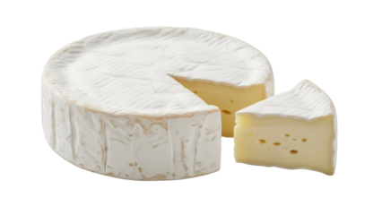 Brie cheese wheel with a cut piece isolated PNG, creamy French cheese on transparent background, soft cheese with edible rind