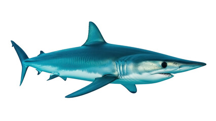 Obraz premium Blue mako shark isolated PNG on transparent background, predatory sea animal with streamlined body and sharp teeth for marine life concepts