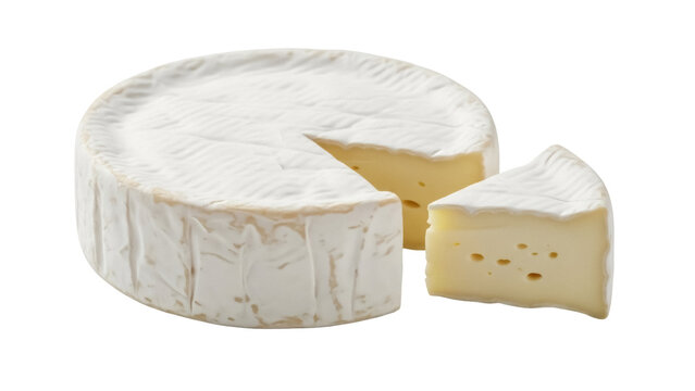 Brie cheese wheel with a cut piece isolated PNG, creamy French cheese on transparent background, soft cheese with edible rind