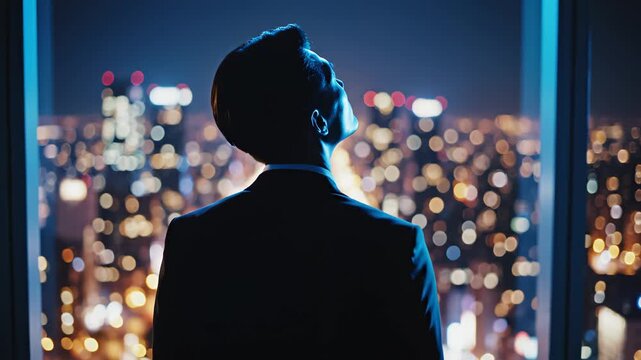 Silhouette of a man overlooking city lights