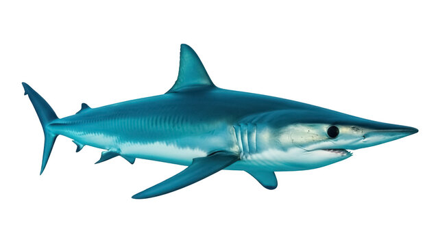 Blue mako shark isolated PNG on transparent background, predatory sea animal with streamlined body and sharp teeth for marine life concepts