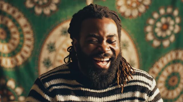 Laughing man with dreadlocks in front of patterned backdrop