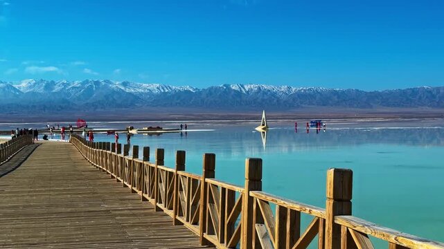Boardwalks At Chaka Salt Lake (Cha Ka Yan Hu) In Qinghai Province In China. Panning Shot