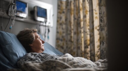 Side view of a patient comfortably resting in a morninglit recovery bay privacy curtains and medical monitors softly blurred to emphasize the main subject.