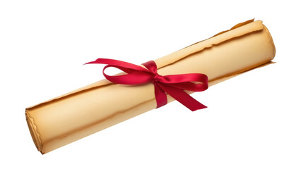 Aged paper scroll with red ribbon isolated PNG, vintage diploma or certificate on transparent background