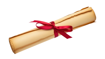 Aged paper scroll with red ribbon isolated PNG, vintage diploma or certificate on transparent background