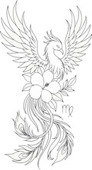 Obraz premium Outline illustration of a mythical phoenix bird with blooming flowers and zodiac sign perfect for tattoo design or fantasy art