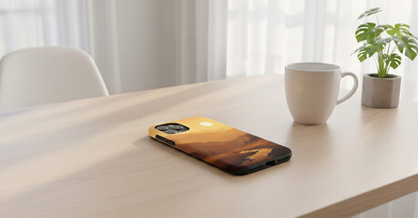Smartphone in a stylish protective case with an artistic print of a mountain landscape at sunset lying on a wooden table next to a coffee cup and a houseplant in a minimalist interior