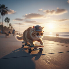 Ginger cat in cap and sunglasses riding skateboard on beach boardwalk with palm trees at sunset