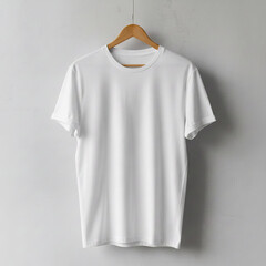 White t-shirt on wooden hanger hanging on concrete wall in minimalist style for apparel design mockup