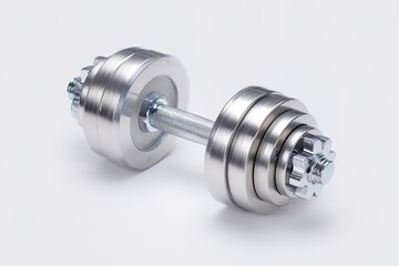 Chrome adjustable dumbbell with metal weight plates on white background for strength training and fitness