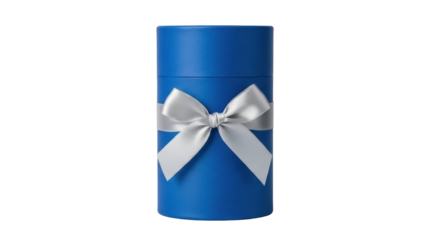 Royal blue gift box with silver ribbon isolated PNG, elegant present for special occasions and celebrations on transparent background