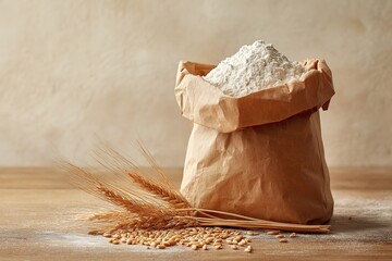 Paper bag with white flour next to wheat ears and grains on wooden table on beige background for baking