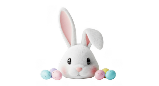 White Easter bunny with pastel eggs isolated on a transparent background white rabbit - Powered by Adobe