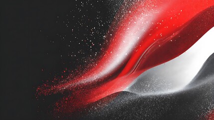 Flowing red and white abstract flag design with sparkling particles