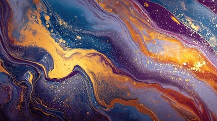 Abstract marble texture in purple and blue tones with golden veins and shimmering dust in fluid art style