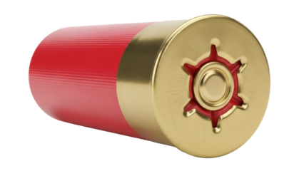 Red and gold shotgun shell isolated PNG, ammunition for hunting or sport shooting on transparent background, cartridge for firearm