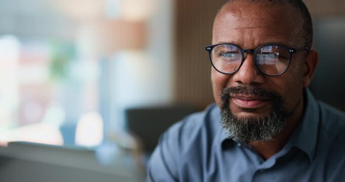 Reading, glasses or businessman with smile in office, review banking transaction or process deposit. Account clerk, tech reflection or mature black person with invoice approval, specs or bookkeeping