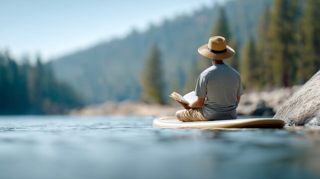 Man wearing straw hat enjoys reading a book while relaxing on a paddle board, surrounded by the serene beauty of a mountain lake and lush forest - Powered by Adobe