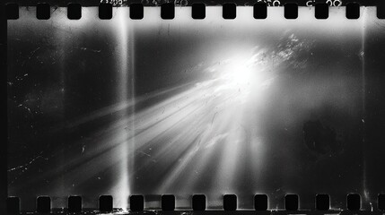 Black and white old film texture with grunge effect scratches and light leaks in vintage frame with perforation