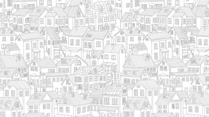 Fototapeta premium Intricate black and white line art illustration depicting a dense, crowded neighborhood of charming traditional houses as a seamless pattern