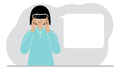 The concept of augmented or extended reality. Woman wearing 3D glasses or virtual reality headset. On the background of the world map.