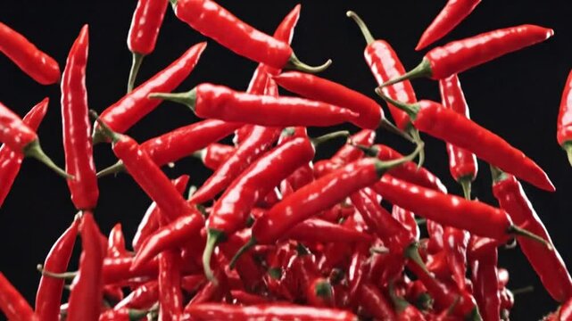 4K animation red chilli peppers flying upward through the air against dark studio background.
