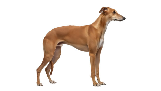 Elegant fawn Greyhound dog standing isolated PNG, purebred sighthound with sleek coat on transparent background