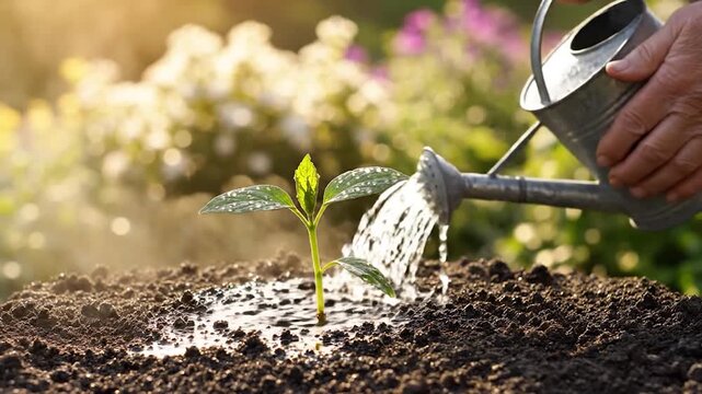 Nurturing New Life - Watering a Young Plant for Growth and Vitality.