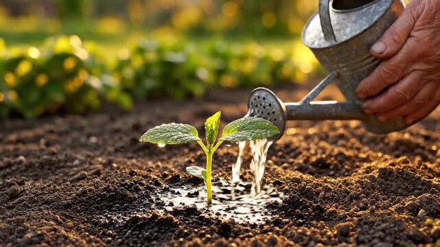 Nurturing New Life - Watering a Young Plant in the Garden.